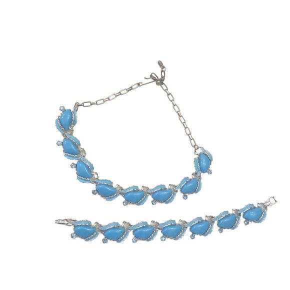 Vtg 50’s/60’s robin’s egg blue & silver tone leaf & crystal necklace & bracelet - Picture 1 of 7